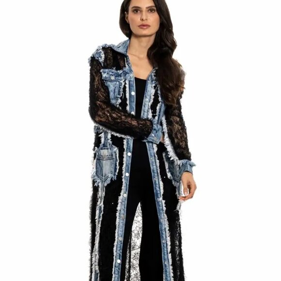 Long Denim and Black Lace Duster Jacket - Picture 1 of 2